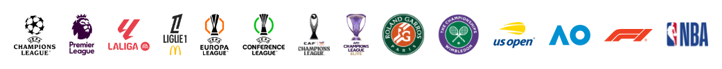 Major global sports tournaments including Formula 1, Australian Open, US Open, Wimbledon, Roland Garros, AFC Asian Qualifiers, European Qualifiers, AFC Champions League Elite, AFCON, CAF, UEFA Conference League, UEFA Europa League, Ligue 1, La Liga, Premier League, and UEFA Champions League (UCL).