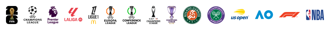Major global sports tournaments including Formula 1, Australian Open, US Open, Wimbledon, Roland Garros, AFC Asian Qualifiers, European Qualifiers, AFC Champions League Elite, AFCON, CAF, UEFA Conference League, UEFA Europa League, Ligue 1, La Liga, Premier League, and UEFA Champions League (UCL).