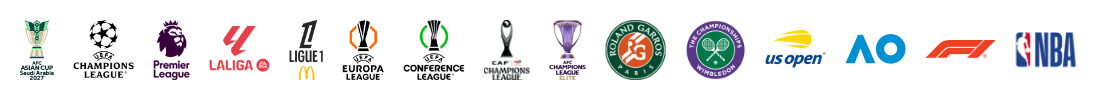 Major global sports tournaments including Formula 1, Australian Open, US Open, Wimbledon, Roland Garros, AFC Asian Qualifiers, European Qualifiers, AFC Champions League Elite, AFCON, CAF, UEFA Conference League, UEFA Europa League, Ligue 1, La Liga, Premier League, and UEFA Champions League (UCL).