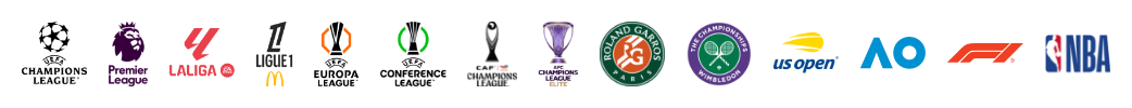 Major global sports tournaments including Formula 1, Australian Open, US Open, Wimbledon, Roland Garros, AFC Asian Qualifiers, European Qualifiers, AFC Champions League Elite, AFCON, CAF, UEFA Conference League, UEFA Europa League, Ligue 1, La Liga, Premier League, and UEFA Champions League (UCL).
